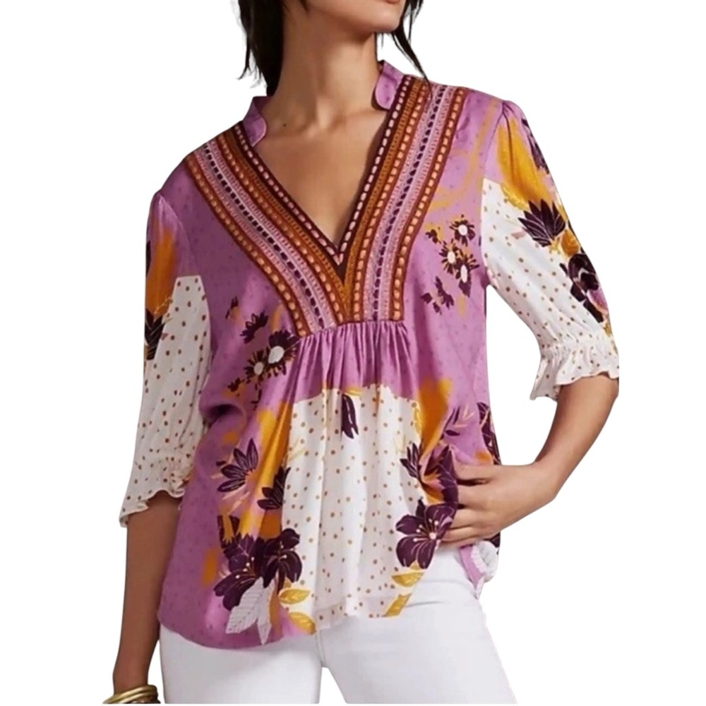 Bl^nk Anthropologie Stephanie Floral Polka Dot Embroidered Knit Top in Purple  S